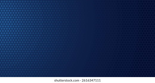 Dark blue abstract wide horizontal banner with hexagonal carbon fiber grid and glowing blue stripes. Technology vector background with blue neon stripes