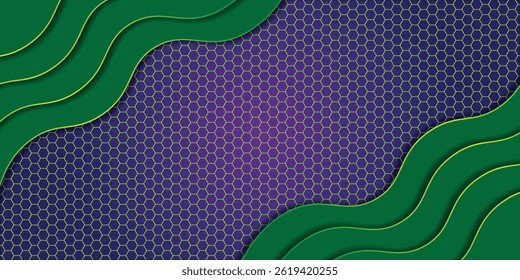 Anuncio Horizontal ancho abstracto azul oscuro con rejilla hexagonal de fibra de carbono y líneas brillantes verdes. Fondo de Vector de Tecnología con líneas de neón dorado.