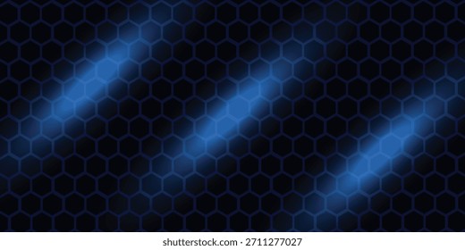 Anuncio Horizontal ancho abstracto azul oscuro con rejilla hexagonal de fibra de carbono y rayas azules brillantes. Fondo de Vector de Tecnología con rayas de neón azul