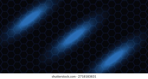 Dunkelblaues abstraktes breites horizontales Banner mit sechseckigem Kohlefasergitter und leuchtend blauen Streifen. Technologie, Vektorhintergrund mit blauen Neonstreifen