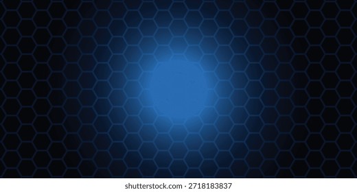 Banner horizontal largo abstrato azul escuro com grade de fibra de carbono hexagonal e listras azuis brilhantes. Fundo do vetor da tecnologia com listras de néon azuis