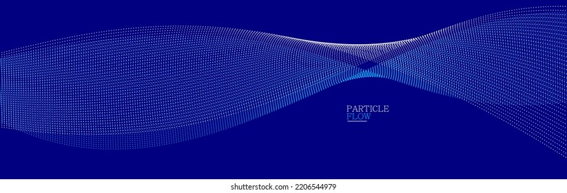 Dark blue airy particles flow vector design, abstract background with wave of flowing dots array, digital futuristic illustration, nano technology theme.