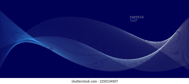 Dark blue airy particles flow vector design, abstract background with wave of flowing dots array, digital futuristic illustration, nano technology theme.