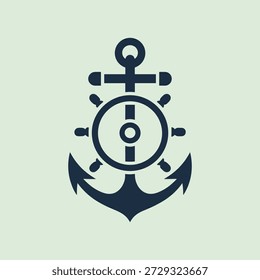 Dark blue anchor combined with steering wheel on a light green background, simple design, vector graphic, nautical theme