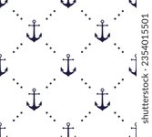 Dark blue anchors and dots on white background. Vector seamless pattern. Marine boyish theme. Best for childish textile, print, wallpapers, and nursery decoration.