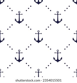 Dark blue anchors and dots on white background. Vector seamless pattern. Marine boyish theme. Best for childish textile, print, wallpapers, and nursery decoration.