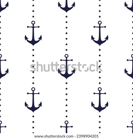 Dark blue anchors and dots on white background. Vector seamless pattern. Marine boyish theme. Best for childish textile, print, wallpapers, and nursery decoration.