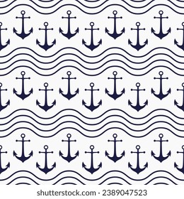 Dark blue anchors and waves on white background. Vector seamless pattern.