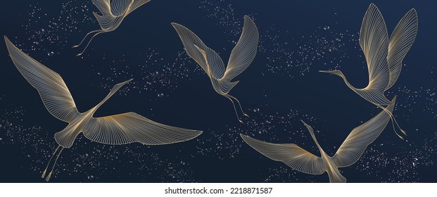 Dark blue art background with birds in gold line art style. Vector banner with oriental pattern of cranes for wallpaper, interior, decor, textile, print, packaging.
