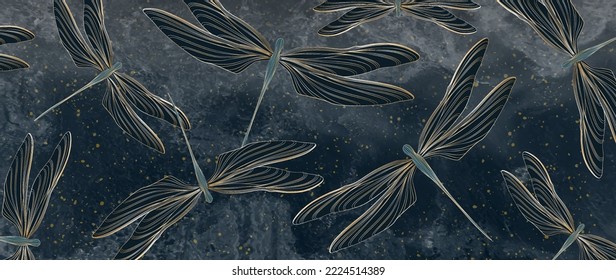 Dark blue art background with dragonflies hand drawn in gold art line style. Animalistic vector banner for decoration, print, wallpaper, textile, packaging, interior design.