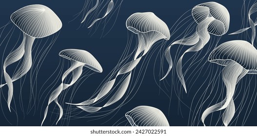 Dark blue art background with jellyfish in white line art style. Animalistic banner for decoration, print, textile, wallpaper, interior design, poster, packaging.