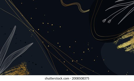 Dark blue artistic background with gold confetti, leaves and flowers. Vector illustration.