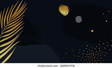 Dark blue artistic background with gold details and palm leaf. Vector illustration.