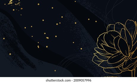 Dark blue artistic background with gold confetti and lotus flower. Vector illustration.