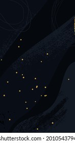 Fondo artístico azul oscuro con confeti dorado. Ilustración vectorial.