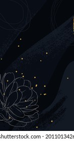 Dark blue artistic background with gold confetti and lotus flower. Vector illustration.
