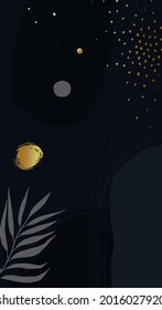 Dark blue artistic background with gold details and palm leaf. Vector illustration.