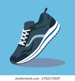 Dark blue athletic shoe with white laces on a light blue background running shoe sneaker