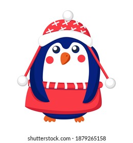 Dark blue baby girl penguin wearing red and white hat and skirt. Orange beak and feet. Cartoon style. Cute and funny. Merry Christmas. Happy New Year. Template for stickers, post cards, posters