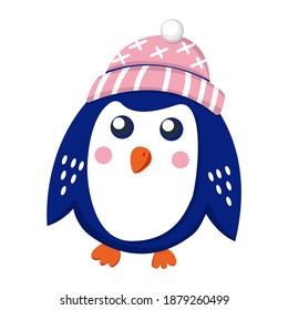 Dark blue baby penguin wearing pink and white hat. Orange beak and feet. Flat cartoon style. Cute and funny. Merry Christmas. Happy New Year. Template for kids stickers, post cards and posters