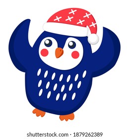 Dark blue baby penguin wearing red and white hat. Orange beak and feet. Hands up Flat cartoon style. Cute and funny. Merry Christmas. Happy New Year. Template for kids stickers, post cards and posters