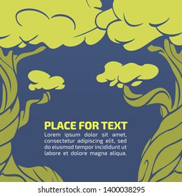 Dark blue backgound with green trees with place for text. Vector simle design with trees with space for text