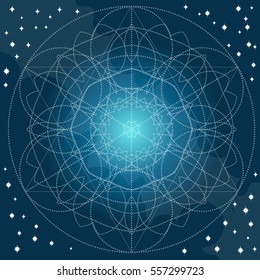 Dark blue background with abstract geometric pattern of circles. Template for a poster, cards, leaflets outline.