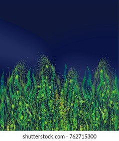 Dark blue background with abstract green texture. Vector illustration. Stylized tropical leaves.