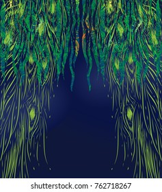 Dark blue background with abstract green texture. Vector illustration. Stylized peacock feathers.