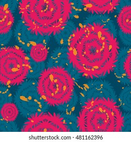 Dark blue background with abstract pink flowers and orange inclusions. Dark blue pink geometric seamless pattern with floral lace ornament and orange blotches