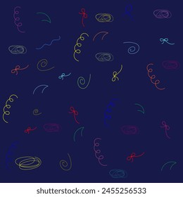 dark blue background adorned with an array of abstract shapes and lines in vibrant colors