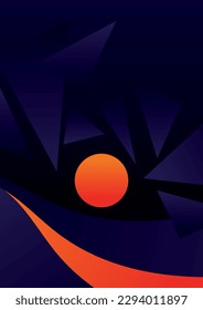Dark blue background with alien landscape. A simple composition of geometric shapes and curved lines. Flat poster design with space sunset, retro sci-fi motif. Vector illustration.