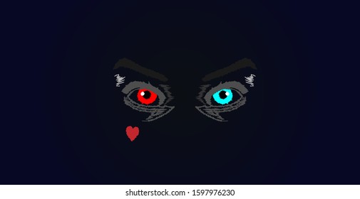 Dark blue background with animal eyes.  Pupils of different colors.  Red and blue.  With the addition of heart red.  New and modern style.