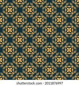 Fondo azul oscuro con hermoso adorno dorado. Patrón vectorial sin fisuras de lujo