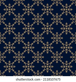 Dark blue background with beautiful gold ornament. Luxury seamless vector pattern