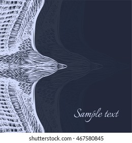 Dark blue background with a bird in flight. Abstract dark backdrop with hand drawn asymmetric element.