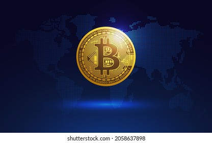 dunkelblauer Hintergrund, Bitcoin kryptographische Vektorgrafik für Seite, Logo, Karte, Banner, Web und Druck.