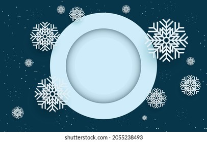 Dark blue background with blank circle frame decorated with snowflakes, vector illustration of winter christmas and new year.