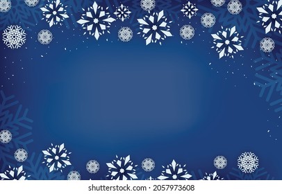 Dunkelblauer Hintergrund mit unscharfem Rahmen, verziert mit Schneeflocken, Vektorgrafik von Winterweihnachtsfeiern und Neujahr.