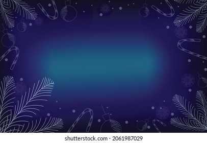 Dark blue background with blank frame decorated with snowflakes,tree and ball, vector illustration of winter christmas and new year.