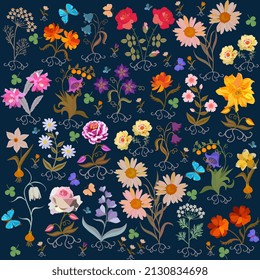 Fondo azul oscuro con flores de jardín brillantes, bayas, raíces, hojas de trébol, mariposas azules revoloteadoras en el vector. Un adorno floral sin foco. Impresión de moda para tela para vestir de estilo vintage.
