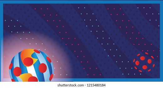 Dark blue background, bright striped ball with red dots, vector illustration