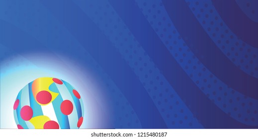 Dark blue background, bright striped ball with red dots, vector illustration