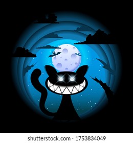 Dark Blue Background Cat Smile Vector Halloween Spooky Scary Horror Holiday Elements