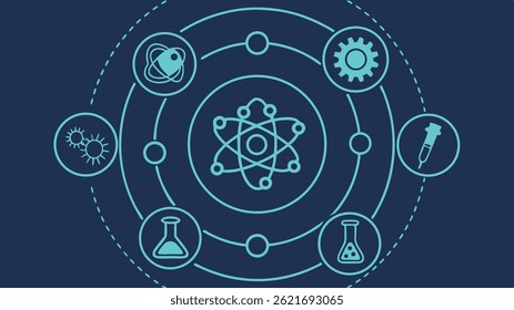 Dark blue background with a central atom diagram surrounded by teal icons (beakers, syringe, gears, cells) connected by dotted lines.
