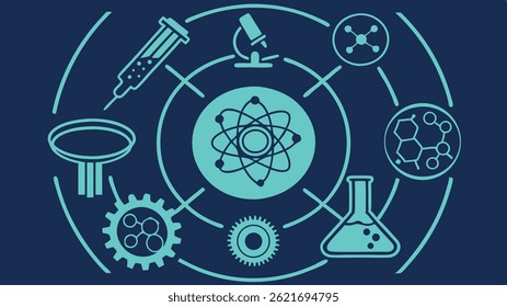 Dark blue background with a central atom diagram surrounded by teal icons (syringe, microscope, molecules, gears, beaker) connected by dotted lines.