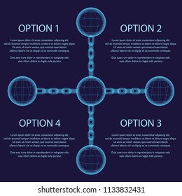 Dark blue background with chains and spheres and sample text