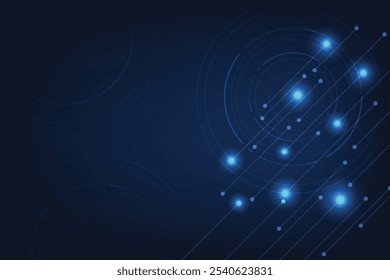 Dark blue background with circles lines and line and dot connection with light, In concept of innovation and modern.