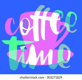 dark blue background with coffee time text together and pink color geometric lines coffee cup illustration with vibrant color together vector print pattern. for fashion and graphic design, gift, card