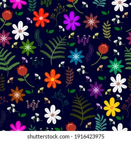 Dark blue background with colorful abstract seamless floral and foliage pattern, vector illustration.